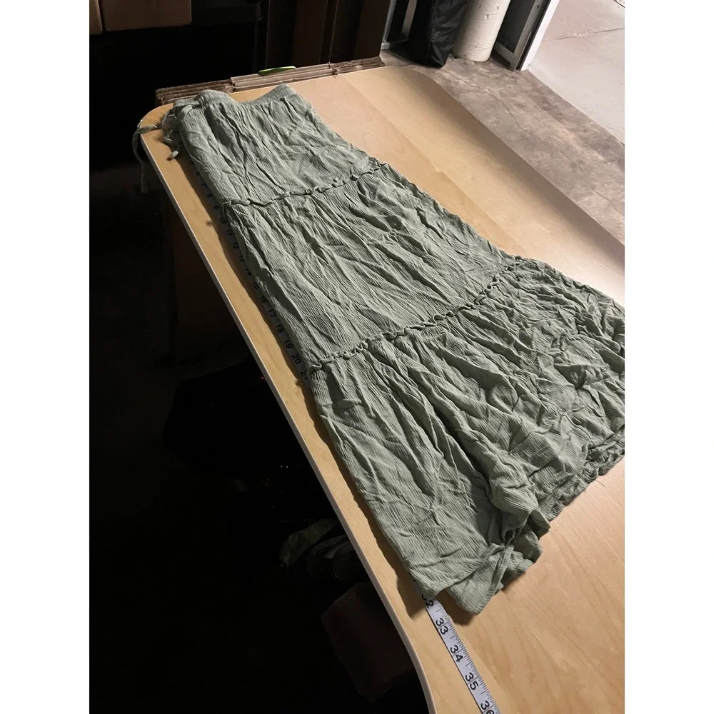 Womens Tiered Maxi Skirt L Green Ruffle Boho Cottage Forest Fairy Beach Stretch